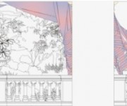 BOZETTO PER DECORAZIONE A TROMPE L'OEIL DI VEGETAZIONE TROPICALE CON BALAUSTRE E COLONNE