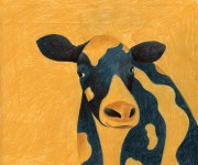 Ritratto di mucca blu su sfondo giallo
